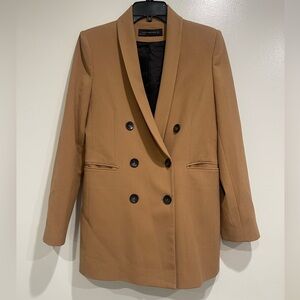 Zara Camel Long Blazer with Tuxedo Collar, Double-Breasted, size S